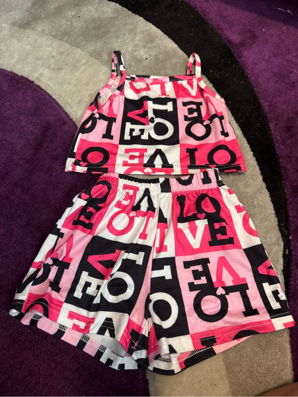 Girls Pink Black Love Print Two-Piece Tank & Shorts Set